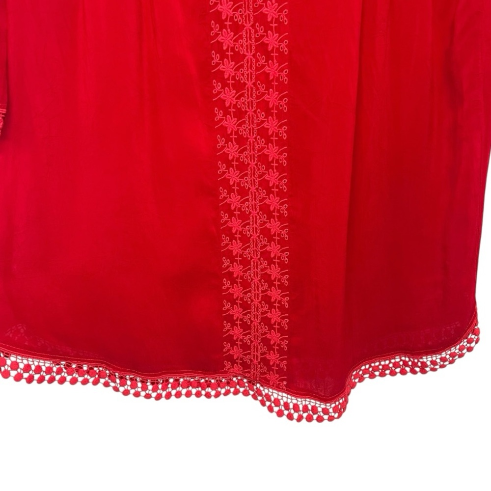Sundance Red Bohemian Silky Lace Trim 3/4 Tab Sleeves Tunic Top Women’s Small - Picture 8 of 10